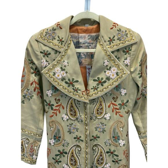 Biya Johnny Was 100% Silk Embroidered Western Boho Duster Coat Beige XS - Picture 7 of 16